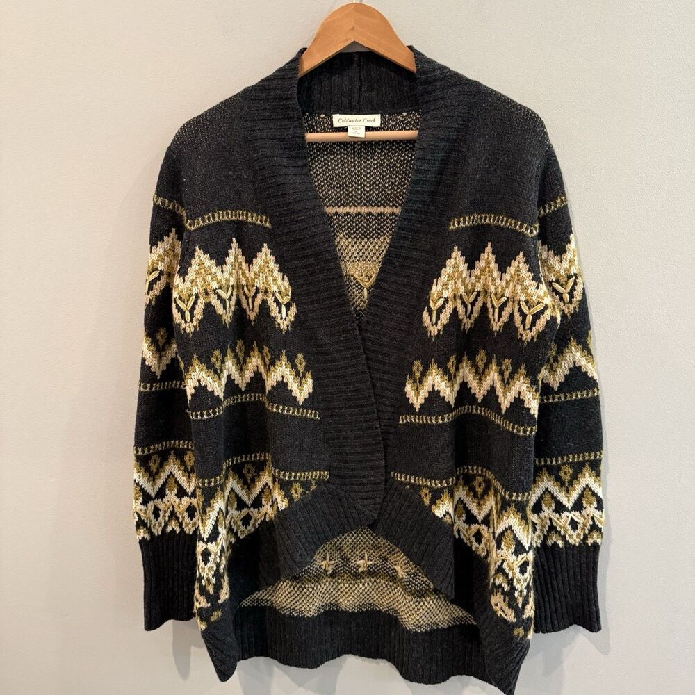 Coldwater Creek Cardigan Sweater M 10-12 Fair Isle Embroidered Boho Wool Blend